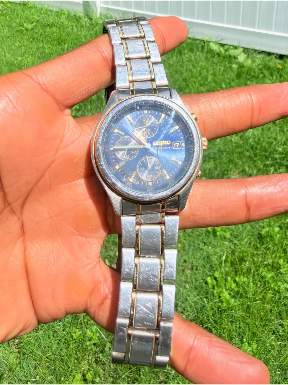 Seiko Men's Silver Stainless Steel Chronograph Watch with Blue Dial